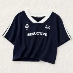 ラフナフ 半袖Tシャツ ネイビー ゲームシャツ風 ロゴ入り クロップド丈 Lのサムネイル