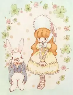 手描きイラスト　うさぎと女の子　ハガキ半分サイズ