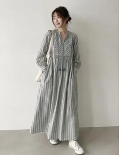 美品 ヌキテパ 近年 コットンボイル ストライプギャザードレス ライト