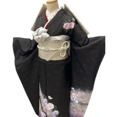 ❪6753❫ ✿ 正絹 振袖セット/黒金ラメ・紫 桜 花柄成人式