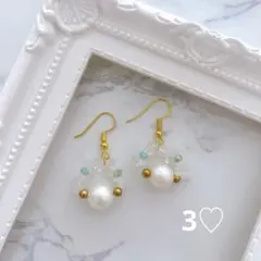 3♡ハンドメイド コットンパールとビーズのラウンドデザインピアス♡