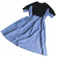 美品 オズモーシス レディース ストライプ切替ワンピース 青黒 F 春