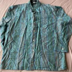 昭和 레트로 総柄シャツ 麻 緑 L