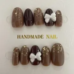 ♡原品限り♡Ｍサイズ　手作りネイルチップ ブラウン ゴールド　ショートポイント