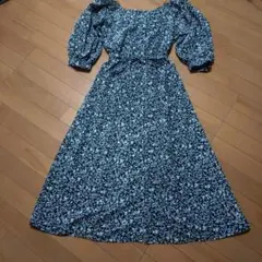 花プリント パフスリーブ オフショルダーワンピース 前ボタンロングカーディガン