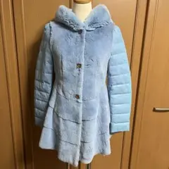 【シープスキン＆ファー】水色 フード付き ファーコート レア物 ★美品 可愛い