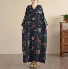花柄ワンピース Vネック フリー 着痩せ 柔らかくて 体型をカバー ロング