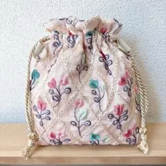 インド刺繍リボン生地♡チューリップ柄巾着（ピンク）