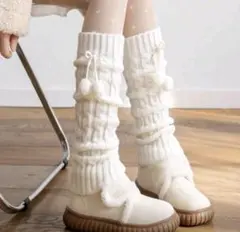 レッグウォーマー ぽんぽん付き かわいい ルーズソックス 編み編み ニット