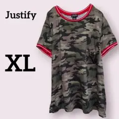 Justify【XL】迷彩柄 半袖Tシャツ カモフラ 赤白ライン