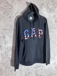 GAP 星条旗ロゴ プルオーバー チャコール　フード付きパーカー　ビッグロゴ