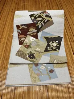 ☆未使用品☆正絹 袋帯 銀通し地 色紙散らし 華文 金糸 フォーマル 