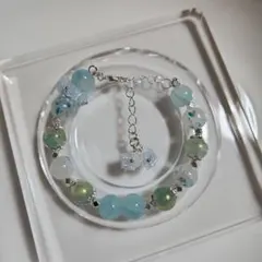 青緑ビーズブレスレット 花チャーム付き