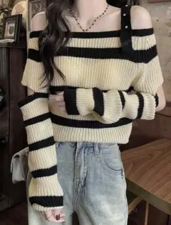 【新品】シイーン秋新作 セクシーなストライプ柄 クロップド 肩出しニットセーター