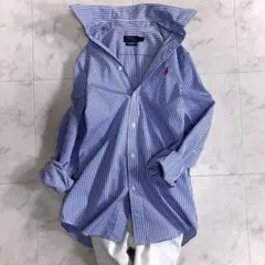 美品 ポロラルフローレン ストライプシャツ ブルー カスタムフィット ２