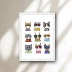 ミッドセンチュリー 猫 A4 ポスタ フレーム付