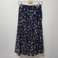 アテンション　花柄　ブラック　シェルプリーツ　ロングスカート　上品　清楚　M