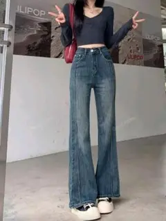 SHEIN　女性用リトロマイクロフレアストレッチデニムジーンズ マキシ丈パンツ