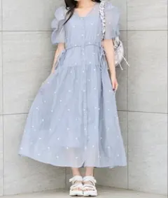 OLIVE des OLIVEハート刺繍羽織ワンピース サックス ブルー 水色