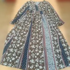 【美品】花柄 ブラウン系 ストライプ 長袖ワンピース M