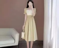 ワンピース きれいめ 半袖 Aライン　膝丈　フェミニン　フレア 春服 黄色