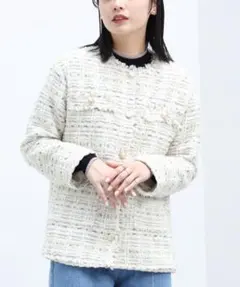 ノーカラー ツイードジャケット ホワイト系