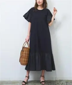 F ワンピース ロング Aライン ブラック 体型カバー シンプル お洒落