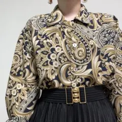 ネイビー系 ペイズリー柄風 レトロ ヴィンテージ ブラウス 柄シャツのサムネイル
