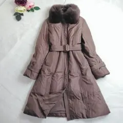美品✨シルク100 Aライン ロングダウンコート ベルテッド リアルファー L