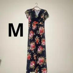 ネイビー フラワー 半袖 ロングワンピース　【M】　ワンピース　レディース