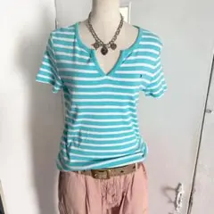 TOMMYHILFIGER ワンポイント刺繍 Vネック ボーダー Tシャツy2k