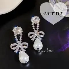 No.305A キラキラビジューパールリボンイヤリング 韓国 量産型 地雷 春夏