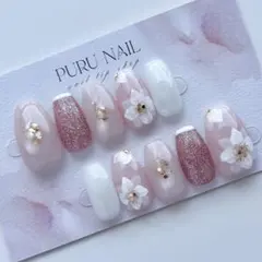 544現品◾️春⭐︎手書き花柄×超シルキーマグネット️×ピンクベージュ◾️ネイルチップ