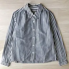 美品 マーガレットハウエル ストライプ シャツ 長袖 綿 麻 紺×白