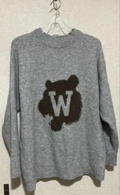 ZARA グレー クマ刺繍 ニットセーター M