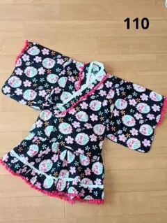 ブラック ピンク レース桜柄 フリル 浴衣ドレス 110cm