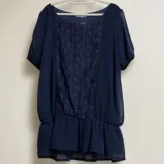 アフターオール レース×シフォン 半袖ブラウス ネイビー Mサイズ　新品のサムネイル
