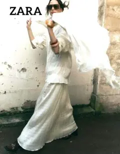 【未使用】ZARA プリーツスカート マキシ丈　長め　アイボリー　格子柄