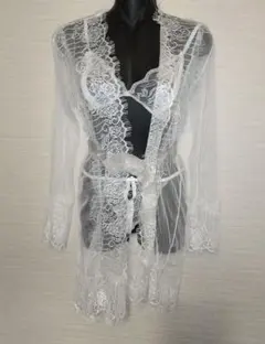 シースルーランジェリー ローブ＋ブラ＋Tバックショーツ 白