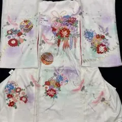 新品正絹産着（お祝着）最高級京友禅伝統多色染、刺繍、本金入り四季花王朝毬に鶴舞文