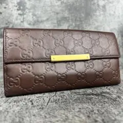 GUCCI グッチシマ ロゴプレート レザー Wホック 長財布 ブラウン