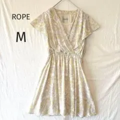 ROPE ロペ 花柄　Vネック　ワンピース フリル袖 ウエストゴム 膝丈 M