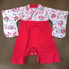 赤と白の花柄和風ロンパース　お食い初め100日祝い