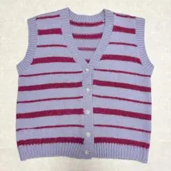 Vネックニットベスト　ストライプ　花ボタン　昭和レトロ