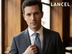 LANCEL ネクタイ ネイビー 小紋柄 シルク 日本製