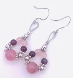 天然石ガーネット&ディープローズクォーツのピアス