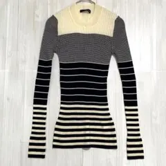 カトルナフ　ストレッチボーダーリブニット　アイボリー　ネイビー