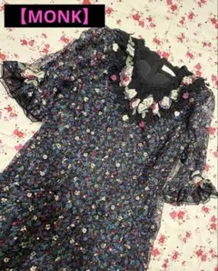 【MONK】フローラルプリント　レースフラワー装飾ドレス
