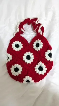 【モチーフ編みバッグ】フラワー レッド×ホワイト