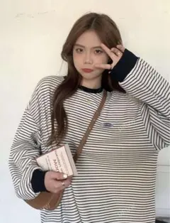 SHEIN オーバーサイズプルオーバー コントラストトリム パッチ ストライプ